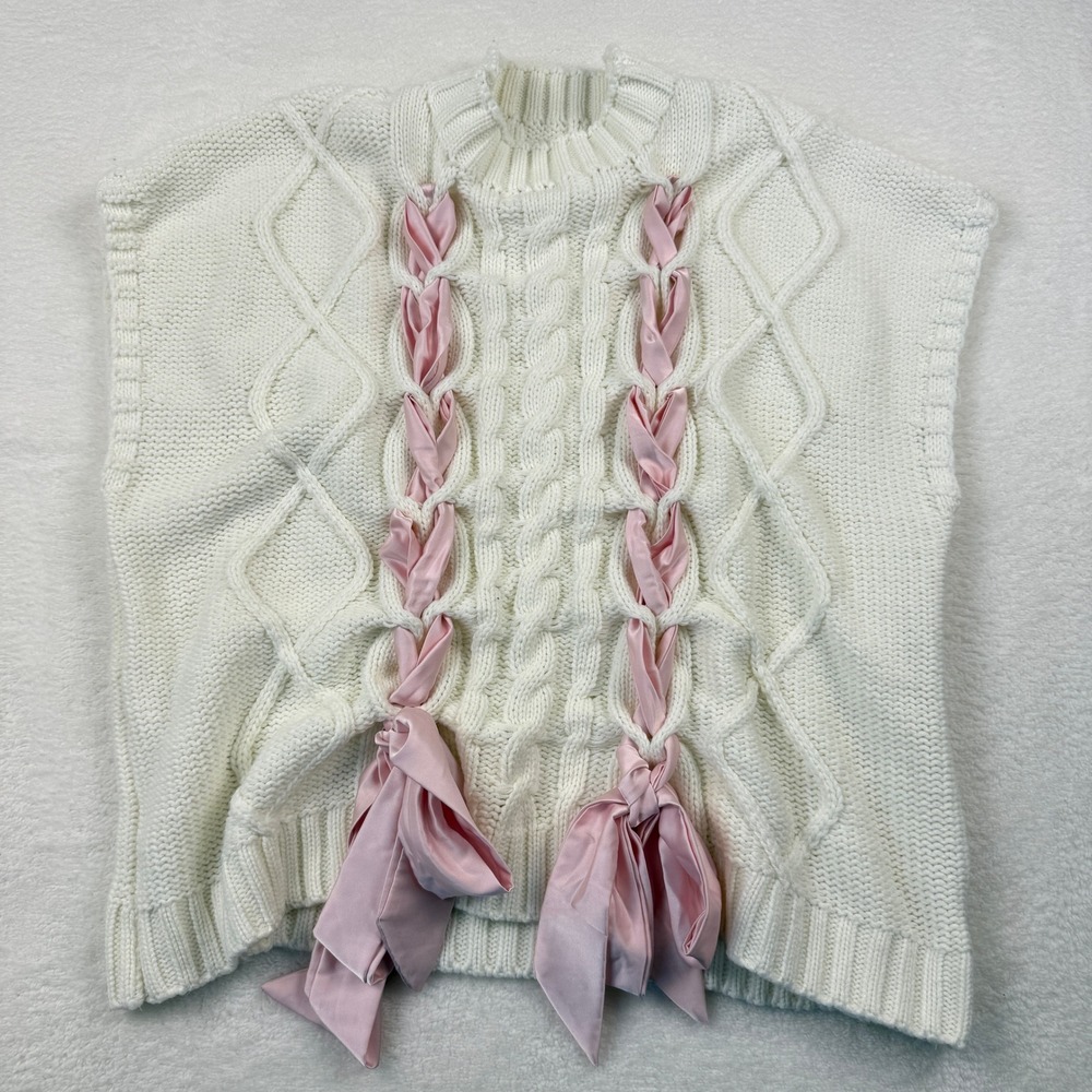 Chunky Cable Knit Short Sleeve‎ Sweater XL Cream Pink Ribbon Coquette Soft Girl